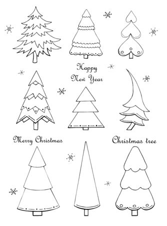 Vector illustrations. Set of hand drawn Christmas trees and snowflakes isolated on white background. Cartoon winter holiday decoration. Clip art for new year design.のイラスト素材