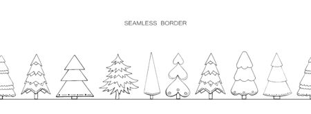Vector seamless border with hand drawn Christmas trees isolated on white background. Contour winter forest. Endless horizontal brush. Perfect for posters, banners, new year advertising.のイラスト素材