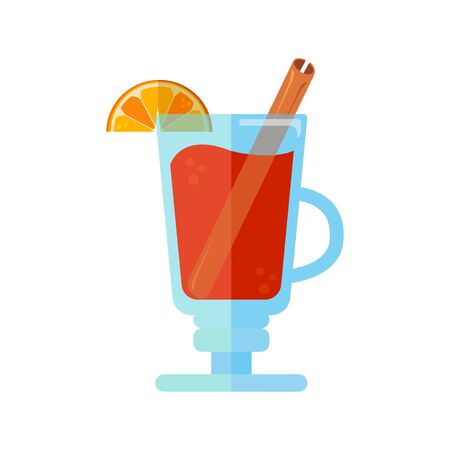 Flat vector illustration of mulled wine with spices, cinnamon stick and citrus fruit isolated on a white background. Traditional alcoholic beverage during winter. Popular hot Christmas drink.のイラスト素材