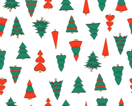 Vector seamless pattern with hand drawn Christmas trees in red and green colors isolated on white background. Endless texture. Wrapping paper, positive new year fabric print in doodle styleのイラスト素材
