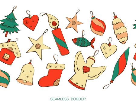 Vector seamless border with hand drawn Christmas decorations isolated on white. Positive endless horizontal brush in red and green colors. Seamless garland in doodle style for new year designのイラスト素材