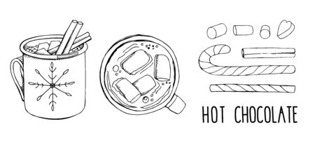 Set of hand drawn vector illustrations isolated on white. Hot chocolate with Christmas candy cane and marshmallow. Modern calligraphy. Clip art for winter holiday decorations. Top and side viewのイラスト素材