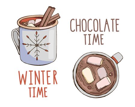 Set of hand drawn vector mugs with hot chocolate isolated on white. Cups with Christmas beverage cinnamon and marshmallow. Top and side view. Winter holiday mood board. Winter time.のイラスト素材