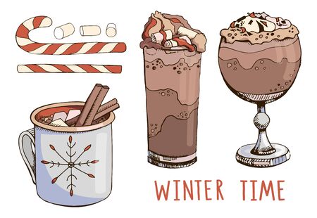 Set of hand drawn vector cocktails isolated on white. Hot chocolate, Christmas candy cane, cinnamon and marshmallow. Winter holiday mood board. Winter time. Modern lettering. Happy New Yearのイラスト素材