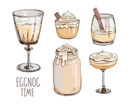 Set of hand drawn vector images in pastel colors isolated on white. Eggnog. Traditional Christmas drinks, beverages, cocktails. Clip art. Design of cocktails for menu decoration. New Year mood boardのイラスト素材