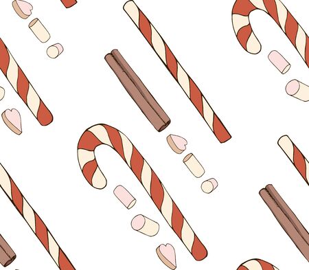 Colorful vector illustration. Hand drawn seamless pattern with Christmas candy cane marshmallow and cinnamon isolated on white. Positive print for New Year design. Endless texture for winter holidaysのイラスト素材