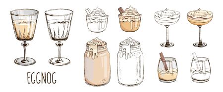 Set of hand drawn vector images in pastel colors isolated on white. Eggnog. Traditional Christmas drinks, beverages. Contour and color. Design of cocktails for menu decoration. New Year mood boardのイラスト素材