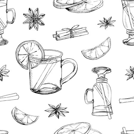Hand drawn vector seamless pattern with popular winter alcoholic beverage. Mulled wine with spices and citrus fruit isolated on white. Print for New Year design. Endless texture. Menu decorationのイラスト素材