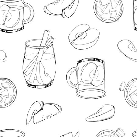 Vector illustration. Hand drawn seamless pattern with hot winter drinks isolated on white background. Apple cider. Print for New Year design. Monochrome endless texture. Menu decorationのイラスト素材