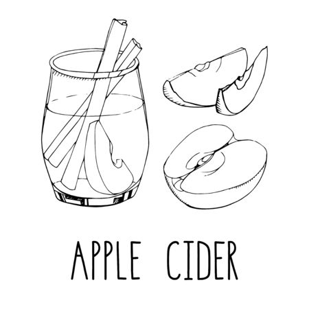 Set of hand drawn vector elements isolated on white background. Apple cider with spices and fruit slices. Popular winter alcoholic beverage. Christmas cocktail. Menu design. Modern letteringのイラスト素材