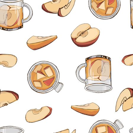 Vector illustration. Hand drawn seamless pattern with hot winter drinks isolated on white background. Apple cider. Print for New Year design. Colorful endless texture. Menu decorationのイラスト素材