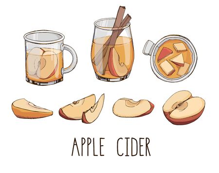 Set of hand drawn vector elements in orange red and blue colors isolated on white background. Apple cider and fruit slices. Popular winter beverage. Christmas cocktail. Menu design. Modern letteringのイラスト素材