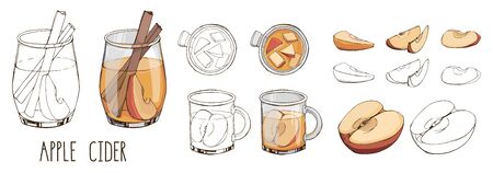 Set of drawn vector elements in orange red and blue colors isolated on white background. Apple cider and fruit slices. Popular winter beverage. Christmas mood board. New Year design. Contour and colorのイラスト素材