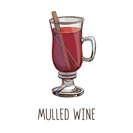 Mulled wine. Set of colorful vector image and modern light narrow lettering isolated on white. Winter time. Popular Christmas drink. Template for winter holidays menu, poster, greeting card.のイラスト素材