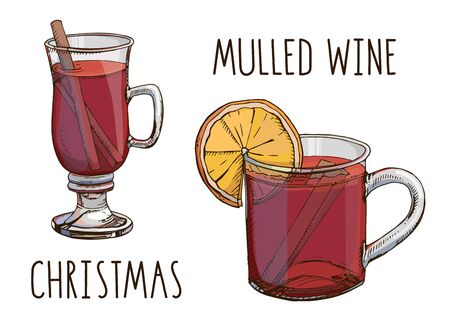 Mulled wine. Set of colorful vector images and modern light narrow lettering isolated on white. Winter time. Popular Christmas drink. Template for winter holidays menu, poster, greeting card.のイラスト素材