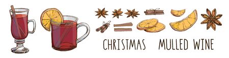Mulled wine with spices and orange slices. Set of colorful vector images and modern lettering isolated on white. Winter time. Popular Christmas drink. Clip art for winter holidays menu, posterのイラスト素材
