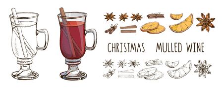 Mulled wine with spices and orange slices. Set of colorful vector images and modern lettering isolated on white. Winter time. Popular Christmas drink. Clip art for winter holidays menu, posterのイラスト素材