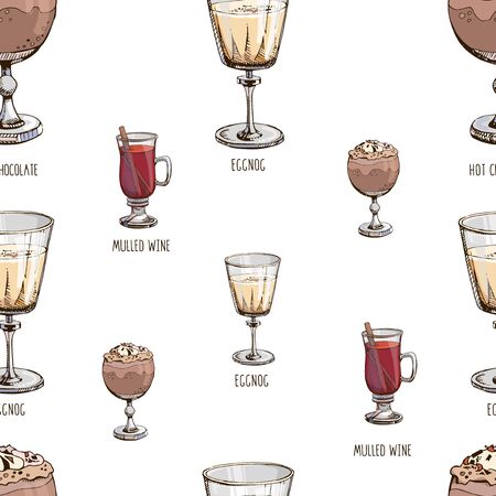 Vector seamless pattern with hot winter drinks isolated on white. Christmas print with beverages. Endless texture. Hot chocolate, eggnog, mulled wine. Winter special. Menu decoration. Modern letteringのイラスト素材