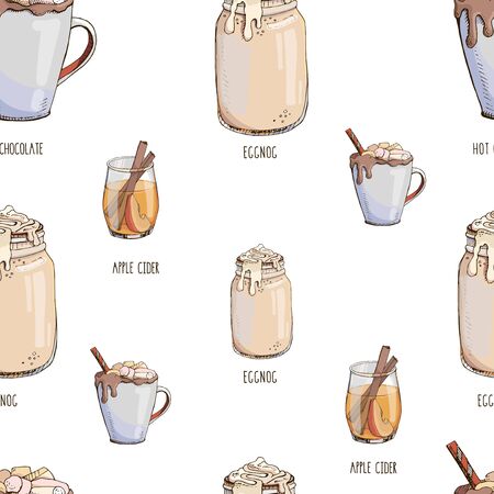 Vector seamless pattern with hot winter drinks isolated on white. Christmas print with beverages. Endless texture. Hot chocolate, eggnog,  cider. Winter special. Menu decoration. Modern letteringのイラスト素材