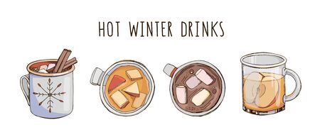 Set of popular hot winter drinks isolated on white. Colorful vector images of Christmas beverages and cocktails. Hot chocolate with marshmallow and apple cider. Menu decoration. Modern lettering.のイラスト素材