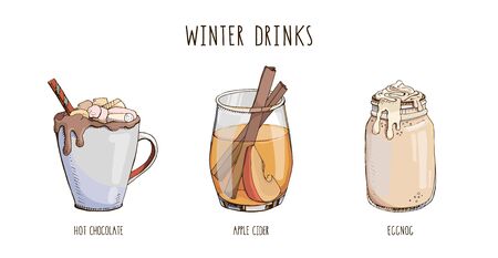 Set of popular hot winter drinks isolated on white. Colorful vector images of Christmas beverages and cocktails. Hot chocolate, eggnog, apple cider. Winter special. Menu decoration. Modern lettering.のイラスト素材