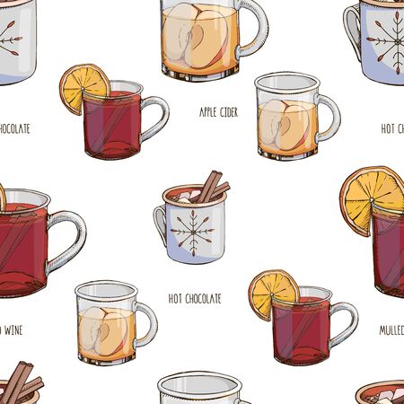 Vector seamless pattern with hot winter drinks isolated on white. Christmas print with beverages. Endless texture. Hot chocolate, mulled wine,  cider. Menu decoration. Modern letteringのイラスト素材