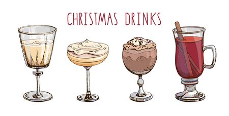 Set of popular Christmas drinks isolated on white. Colorful vector images of winter beverages and cocktails. Hot chocolate, eggnog, mulled wine, champagne. Winter special. Menu decoration. Letteringのイラスト素材