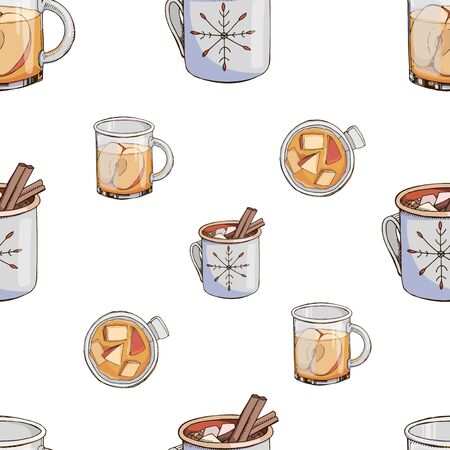 Vector seamless pattern with hot winter drinks isolated on white. Christmas print with beverages. Texture in blue and orange colors. Hot chocolate with marshmallow and  cider. Menu decorationのイラスト素材