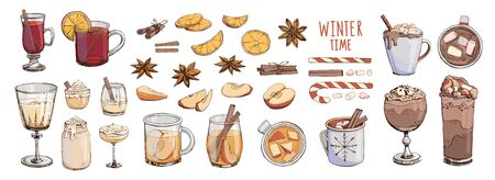 Set of popular hot winter drinks with spices and fruit slices isolated on white. Colorful vector Christmas beverages and cocktails. Hot chocolate, eggnog, apple cider, coffee, cacao, wine, champagneのイラスト素材