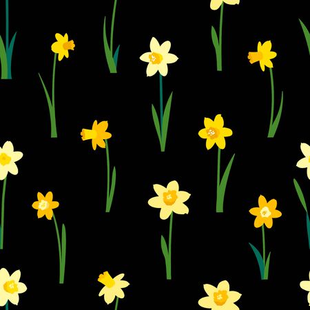 Floral seamless pattern with yellow daffodils and green leaves isolated on black background. Endless texture for spring or summer design. Bright fabric print for greeting card template.のイラスト素材
