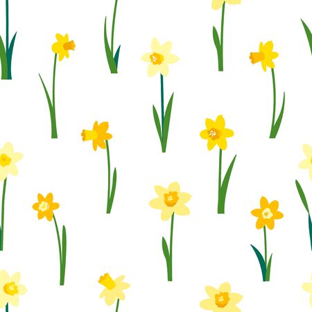 Floral seamless pattern with yellow daffodils and green leaves isolated on white background. Endless texture for spring or summer design. Bright fabric print for greeting card template. Women's Day.のイラスト素材