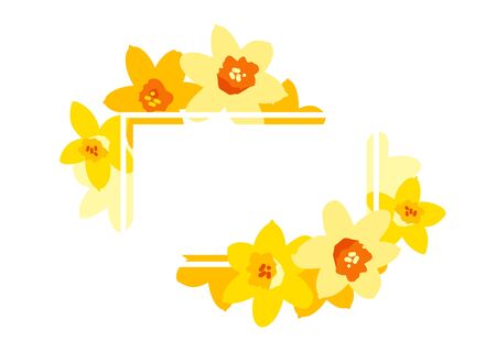 Bright positive vector frame with yellow narcissus flowers isolated on white. Greeting card template, poster. Design concept for banner, promotion offer, spring and summer sale, advertisingのイラスト素材
