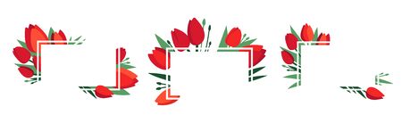 Vector set of positive floral frames with red tulip flowers and green leaves isolated on white. Greeting card template, poster. Design concept for banner, promotion offer, spring sale, advertising.のイラスト素材
