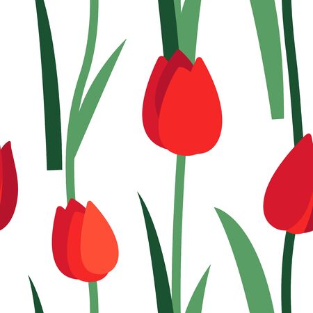 Floral seamless pattern with red tulip flowers and green leaves isolated on white background. Endless texture for spring or summer design. Bright fabric print for greeting card template. Womens Day.のイラスト素材