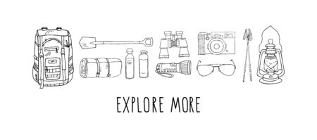 Vector set of hand drawn elements isolated on white. Hiking gear. Backpack, rolled camping bed, reusable bottles, flashlight, shovel, binoculars, camera, sunglasses, storm lamp, trekking sticks.のイラスト素材