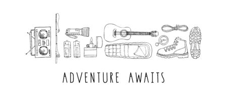 Vector set of hand drawn elements isolated on white. Hiking gear for trips. Boots, flashlight, rope, guitar, sleeping bag, compass, boombox radio receiver, fishing rod. Lettering. Adventure awaitsのイラスト素材