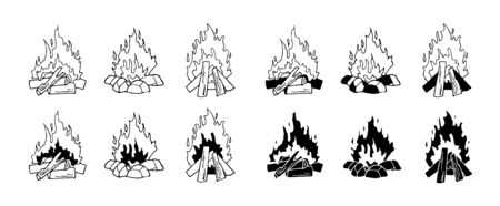 Set of monochrome vector illustrations isolated on a white background. Black and white burning bonfire. Contour and silhouettes. Outdoor adventure. Wild life. Camping hiking time.のイラスト素材