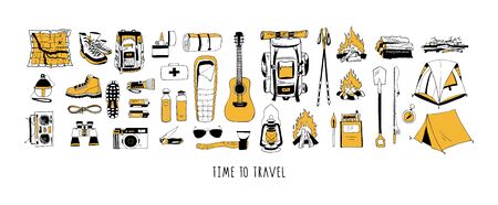 Set of vector elements in black and yellow colors isolated on white. Hiking, camping. Backpack, boots, tent, sleeping bag, compass, map, flashlight, binoculars, camera, reusable bottle, first aid kit.のイラスト素材