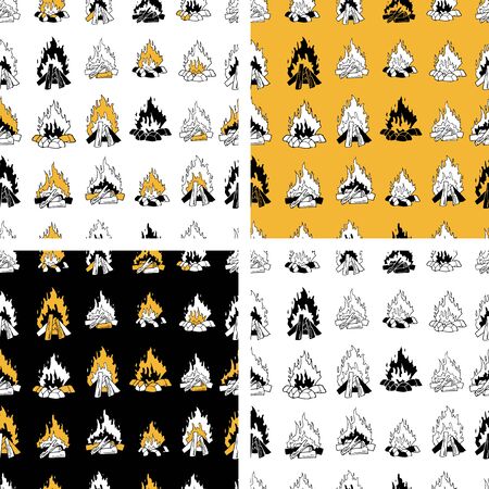Set of bright vector seamless patterns with illustrations of bonfire isolated in white, black and golden background. Black and white. Fabric print. Modern backdrop for creative designのイラスト素材