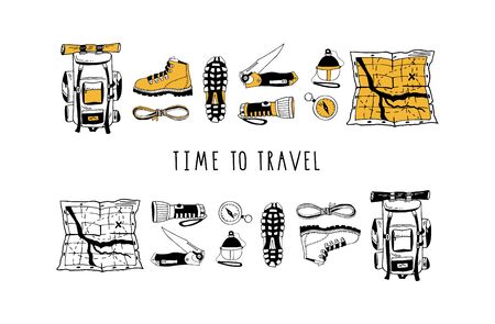 Vector set of hand drawn isolated elements. Hiking gear for camping trips, adventurous backpacking. Backpack, boots, map, flashlight. Modern lettering. Minimal black. Contour and colorのイラスト素材