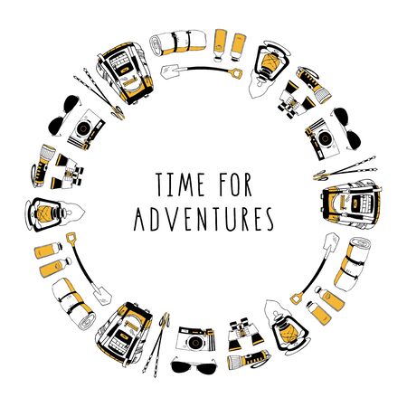 Vector circle frame of isolated objects for hiking, traveling design. Pattern with camping symbols. Backpack, sleeping bag, flashlight, shovel, binoculars, sunglasses, storm lamp, trekking sticks.のイラスト素材