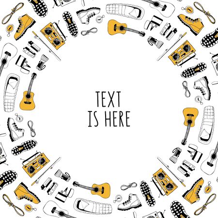 Vector card template for outdoor activities. Round frame with hand drawn camping symbols. Boots, flashlight, rope, sleeping bag, compass, fishing rod. Campfire songs. Guitar and boombox radio receiverのイラスト素材