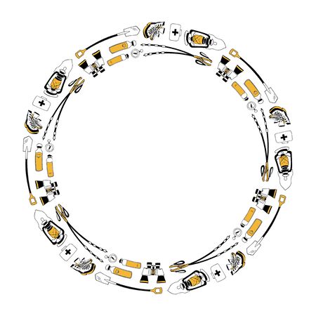 Vector template. Modern circle frame for hiking, traveling design. Pattern with camping equipment. First aid kit, storm lamp, shovel, trekking sticks, boots, compass. White empty place for your textのイラスト素材