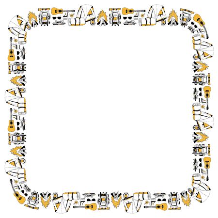 Square vector frame. Positive card template with traditional camping symbols for travel poster, banner design. Tent, campfire, backpack, sleeping bag, guitar, sunglasses, storm lamp. Place for text.のイラスト素材