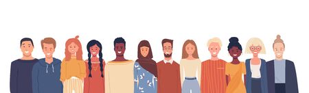 Vector illustration in flat style. Global society. Happy smiling people of different nationalities, cultures. Multiethnic group of people. Bright positive composition with white empty place for textのイラスト素材