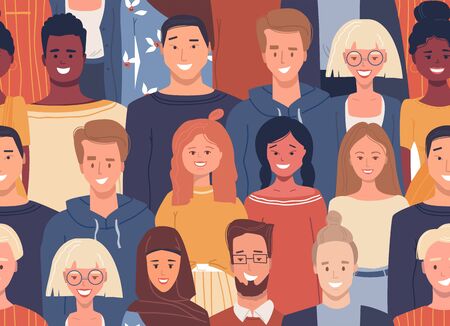Vector seamless pattern in flat style with happy smiling people of different nationalities, cultures. Global society. Cultural diversity. Multiethnic group. Friendship, communication, travelingのイラスト素材