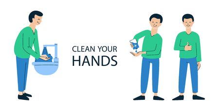Set of vector illustrations isolated on white depict infection prevention. People washing hands, using hand sanitizers to avoid spreading viruses and germs. Poster, brochure design concept. Hygieneのイラスト素材