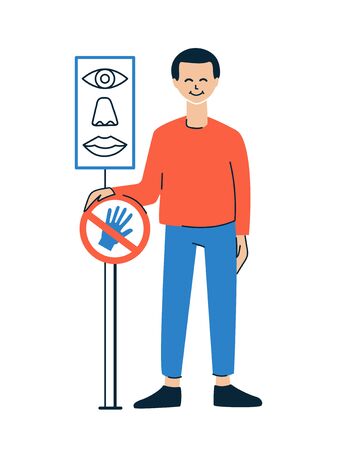 Vector illustration in red and blue colors isolated on white background. Avoid touching eyes, nose and mouth. Do not touch your face. Coronavirus COVID-19 outbreak. Personal hygieneのイラスト素材