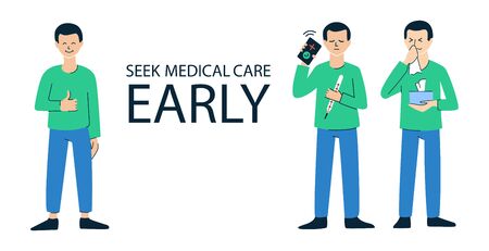 Vector illustrations in blue and green colors isolated on white. Man with a fever, cough and difficulty breathing calling a doctor. Sneezing, coughing people. Seek medical care. Coronavirus outbreakのイラスト素材