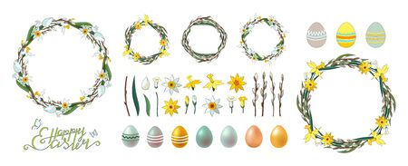 Set of hand drawn floral vector elements, decorated painted eggs isolated on white. Happy Easter. Clip art for your design. Lettering. Spring frame. Wreath of willow branches and daffodils.のイラスト素材